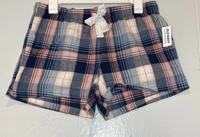 Old Navy 女式法兰绒拳击手 M 码蓝色粉红色格子睡眠短裤抽绳全新带标签 — 第 1/4 张图片