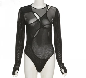 Black Mesh Bodysuit Sheer Gothic Chic Black Runway Bodysuit Sheer Festival Top - Picture 1 of 9