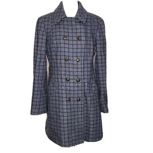 Fossil Grey & Blue Wool Blend Double Breasted Winter Pea Coat Women's Large - Picture 1 of 11