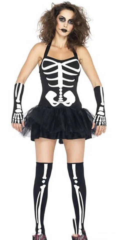 Sexy Esqueleto Huesos Calavera Brillo Oscuro Vestir Halloween Sexy Adulto Disfraz XS Foto 1 de 2