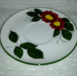 Vintage Saucer Japan Red Flower & Green Leaves Green Trim Porcelain 7.25” - Picture 1 of 4