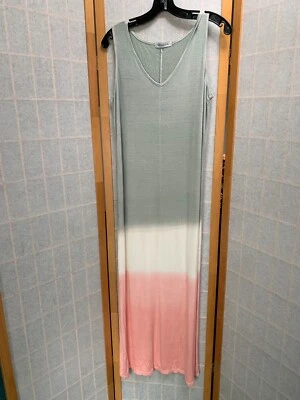 Vestido maxi Misslook verde branco pêssego listrado sem mangas malha P pequeno - Imagem 1 de 4