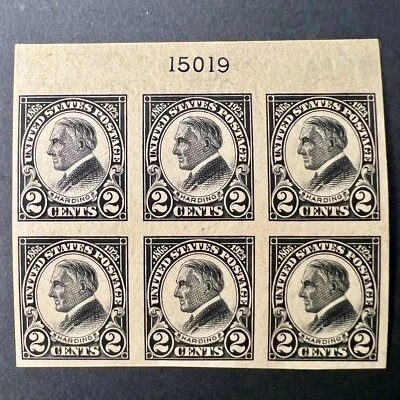 1923 US #611 Plate No. Block of (6) - 2c, Imperf, Black, Harding – Mint, OG, NH - Image 1 of 4