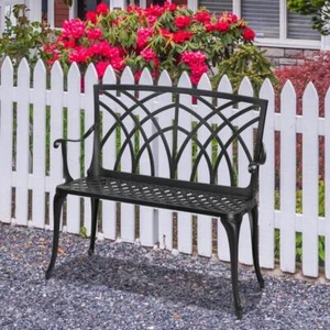 38" Outdoor Cast Aluminum Couple Bench Patio Park Seat Garden Chair Black - Picture 1 of 12