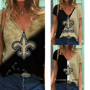 New Orleans Saints Football Women V-neck Short Sleeve T Shirts Summer Top Blouse