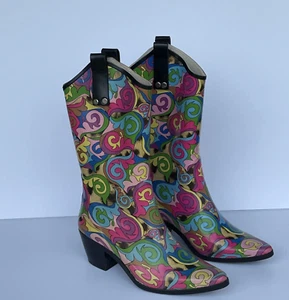 Smoky Cowgirl Rubber Rain Boots Size 5 USA / EUR 36 Pink Purple Green Yellow - Picture 1 of 10