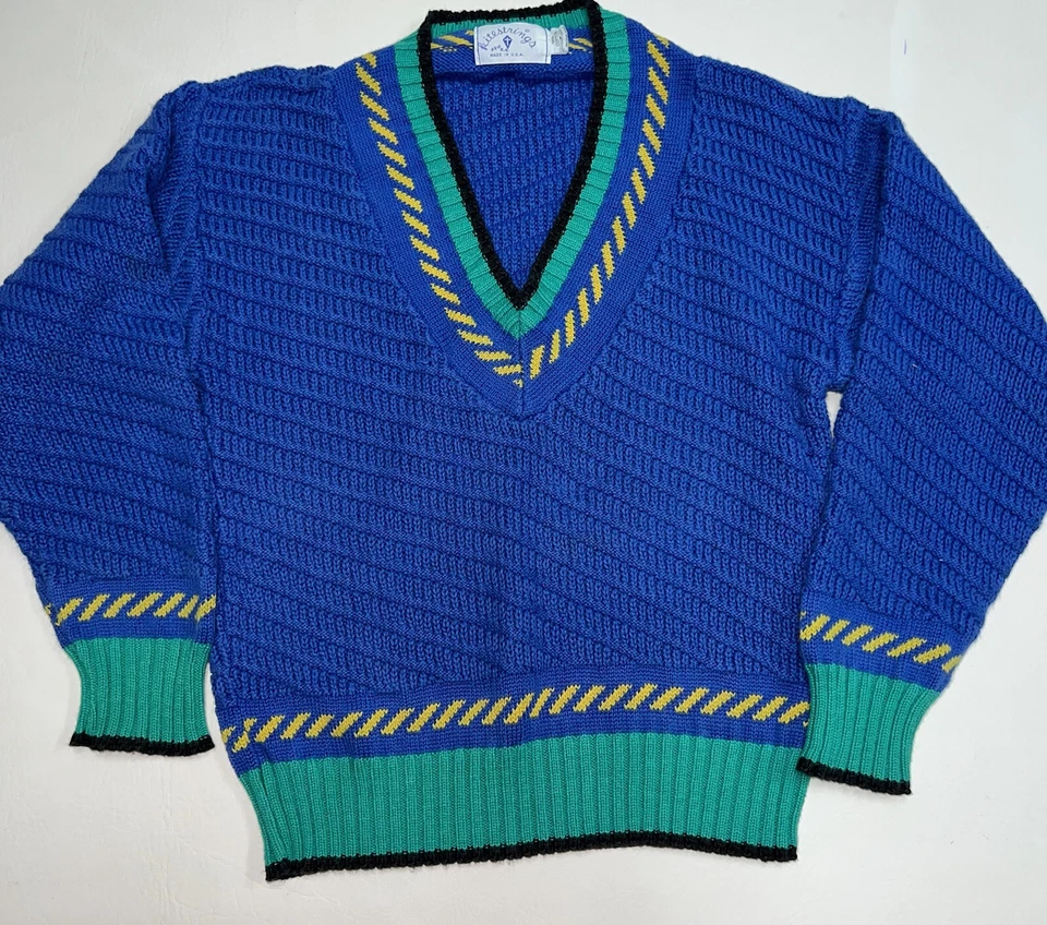 Suéter De Colección Kitestrings Niños Grueso Tejido Cuello en V 7 Azul Verde Preppy Academia Foto 1 de 4
