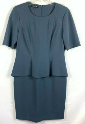 Lafayette 148 New York Sheath Dress W/ Front Peplum Sz 8 Blue Ponte Elbow Sleeve - Image 1 of 4