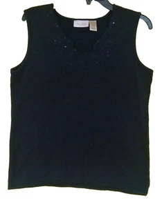 Studio Works Top Women's Size M Black Cotton Beaded V-Neck Embroidery Sleeveless - Picture 1 of 12