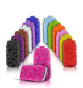 DIAMOND BLING GLITTER LEATHER PULL TAB SKIN CASE COVER POUCH FOR VARIOUS PHONES - Picture 1 of 14