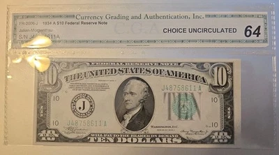 FR2006J 1934A $10 Federal Reserve Note KANSAS CGA 64 Choice UNC - Image 1 of 2