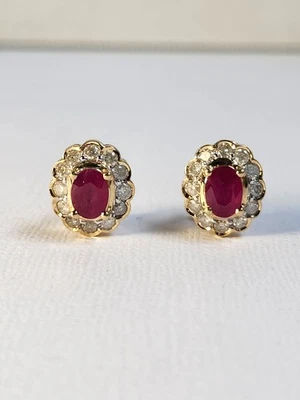 5.34g Actual 80s 14k Yellow Gold Genuine Ruby & Diamond Omega Back Stud Earrings - Image 1 of 4