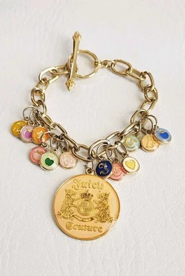 Juicy Couture Logo Medallion Charms Gold Tone Chain Toggle Bracelet Y2K 8" - Image 1 of 4