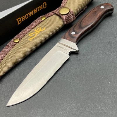 Cuchillo de caza Browning genuino mango de madera marrón espiga completa hoja fija con funda Foto 1 de 4