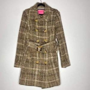 Betsey Johnson Plaid Wool Blend Double Breasted Belted Trench Coat Womens Size 4 - Picture 1 of 8