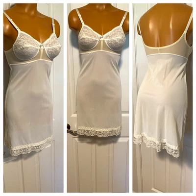 VTG RARE 1960's WARNER'S WHITE W/ LACE TRIM & PADDED BULLET BRA FULL SLIP SZ 36 - Image 1 of 4