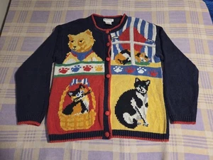Vintage Alexandria Bartlett Cat Cardigan The Eagle's Eye Knit Sweater Large 90s - Picture 1 of 7