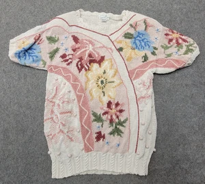 Vintage Jennifer Reed Womens Hand Knit Sweater Size M Short Sleeve Floral - Picture 1 of 6
