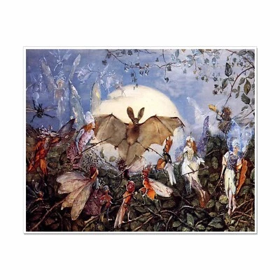 Fairies Find a Intruder, A Bat: Reproducción de impresión artística de 8" por 10". Magic Fantasy Foto 1 de 2