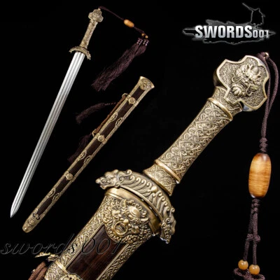 Exorcise Evil Chinese Dragon Jian Sharp Damascus Folded Steel Double Edge Sword - Image 1 of 4