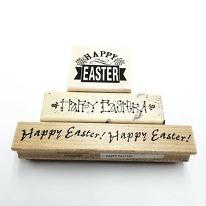 Set of 3  Wood Mounted Rubber Stamps Happy Easter Greeting Wishes - Picture 1 of 2