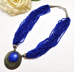 VINTAGE BLUE GLASS SEED BEAD BOHEMIAN TRIBAL STONE DISC PENDANT NECKLACE 20" - Picture 1 of 6