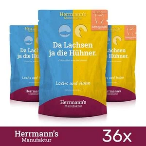 36x Herrmanns Katzenfutter Lachs, Bio Huhn Karotte Kokosflocken Tiernahrung 100g - Bild 1 von 2