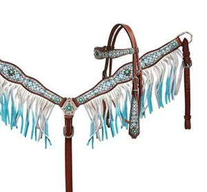 Showman Headstall & Breast Collar Set w/ Blue Diamond Print & Blue Ombre Fringe - Picture 1 of 3