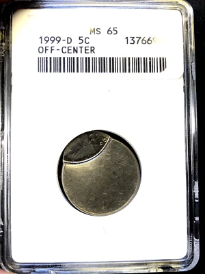 JUMBO MINT ERROR 1999 D Jefferson Nickel 85% Off Center ANACS OH MS65! - Image 1 of 4