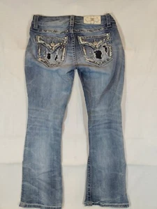 Miss Me Jeans Womens 29 Bootcut Signature Low Rise Distressed Pockets Denim Blue - Picture 1 of 11