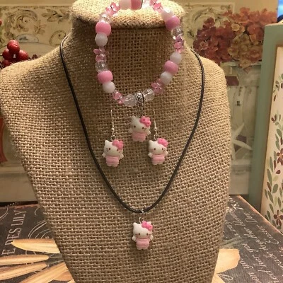 (4) Necklace Set~HELLO KITTY~Adj  Black Cord & French Wire Earrings/Bracelet~ - Image 1 of 4