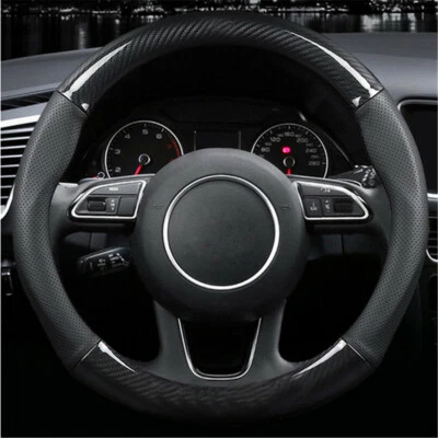 Car Steering Wheel Cover Protector Trim Carbon Fiber Stitching Leather Non-slip - Image 1 of 4