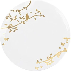 Spring Collection White and Gold Plastic Dinner Plates 10" for Dinner Parties - Picture 1 of 3