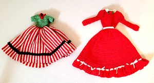 Vintage 2 Crochet Knit Red and Green Barbie Doll Size Dresses - Picture 1 of 5