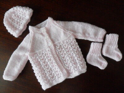 HAND Knitted Precoce/Preemie Cappotto Cappello SCARPINE ROSA • 17.32€