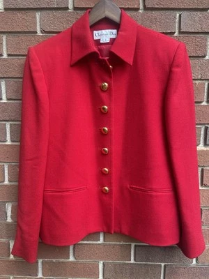 Blazer Vintage Christian Dior Rojo Lana 6 Botones Cúpula Dorada EE. UU. Potencia Años 80 90 Foto 1 de 4