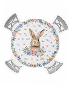 Easter Round Fitted Tablecloth with Elastic Bunny Floral Wreath Tablecloths  - Picture 1 of 8