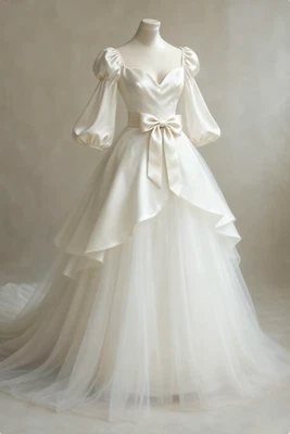 Vintage White Ivory Satin and Tulle Wedding Dresses Long Sleeves Bridal Gowns - Image 1 of 4