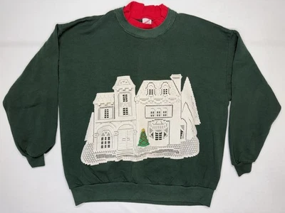 Vtg Grandma Sweatshirt Women's 2XL  Embroidered Lace Victorian House Christmas - Image 1 of 4
