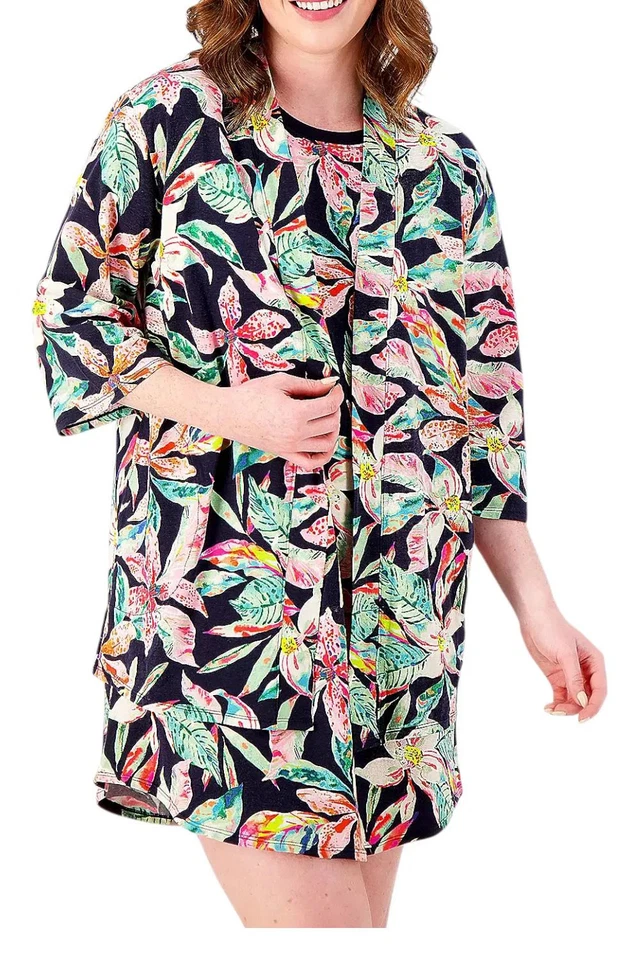 Cuddl Duds女式棉芯开襟上衣海军蓝/热带 — 第 1/1 张图片