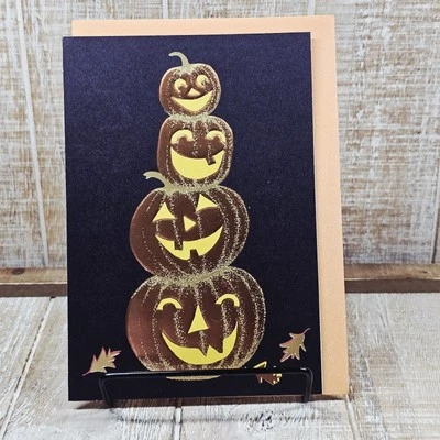 Hallmark Halloween Greeting Card Black Orange Pumpkins Glitter - Image 1 of 4