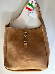 Marlon Genuine Leather Made in Italy Sheila Hook Tote Hobo Bag Tan Suede NWT - Bild 1 von 9