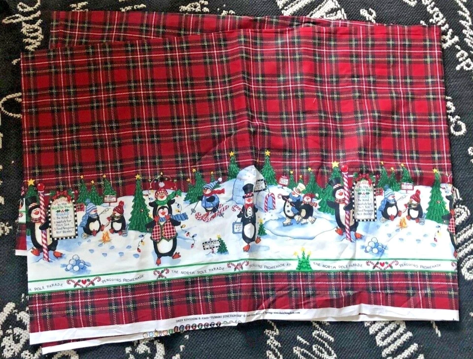3.5 Yd Vtg DAISY KINGDOM Red Plaid PENGUIN Quilt FABRIC Sandi Gore Evans Xmas - Image 1 of 4