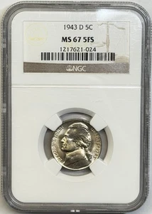 1943-D 5c Jefferson Silver War Nickel NGC MS67 5FS - Picture 1 of 2