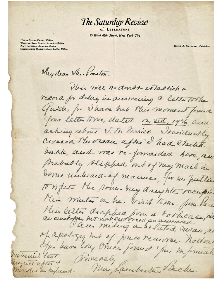 1927 AUTOGRAPH LETTER Literary Critic MAY LAMBERTON BECKER to John Hyde Preston - Image 1 of 1