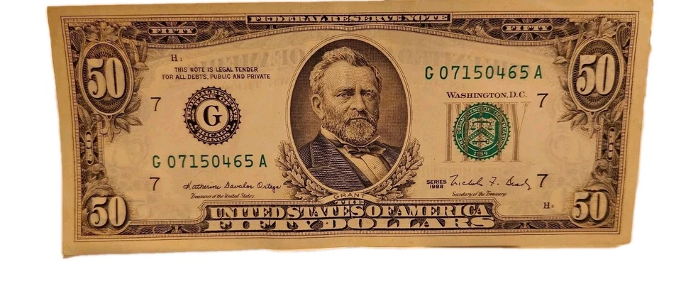 AU Crisp 1988 $50 Dollar Bill  Federal Reserve Note Fancy  Almost Uncirculated - Image 1 of 4