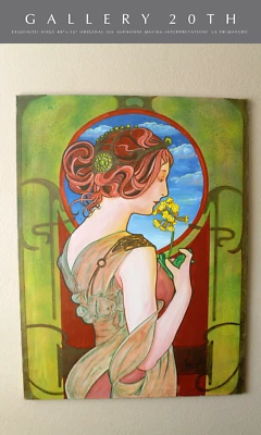 DESLUMBRANTE! PINTURA A ÓLEO VINTAGE ALPHONSE MUCHA RECREAÇÃO ORIGINAL! LA PRIMAVERE! ART MCM - Imagem 1 de 4