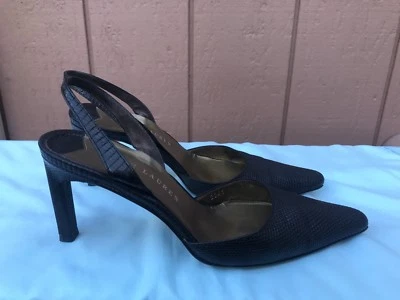 ZAPATOS SANDALIAS ZAPATOS A2 USADOS EN EXCELENTE ESTADO RALPH LAUREN EE. UU. 7.5 CUERO LAGARTO NEGRO PUNTA Foto 1 de 4