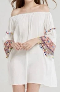 Anthropologie Stellah Bohemian Beaded Pom Off The Shoulder Size S Mini Dress - Picture 1 of 16