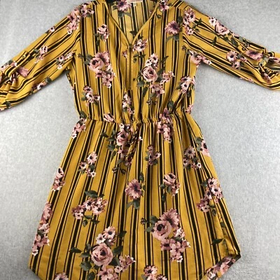 Vestido feminino Stella tweed pequeno S amarelo listras pretas rosa floral cintura elástica - Imagem 1 de 4